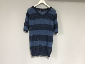 本物ミッシェルクランオムMICHELKLEIN HOMMEボーダー柄Vネックニット半袖TシャツメンズサーフビジネススーツモードL青ブルー48