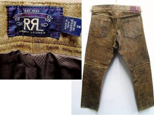 ●即決[W36]RRL 黒タグ 一ツ星 21AW 牛革スエード スウェード レザーパンツ ビンテージ加工 汚れ スリム SLIM FIT デニム パンツ■6193