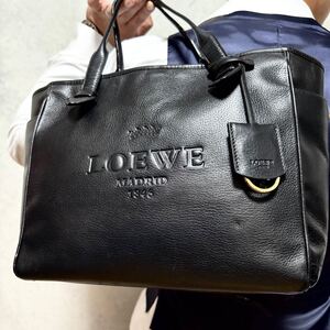 美品/大容量◎ ロエベ LOEWE ヘリテージ メンズ トートバッグ ビジネス レザー 本革 肩掛け A4 ロゴ型押し ブラック 黒 ビジネスバッグ