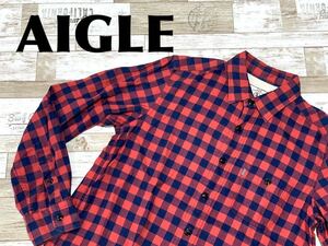 ☆送料無料☆ AIGLE エーグル 古着 長袖 チェック柄 マチ付き シャツ メンズ S レッド トップス 中古