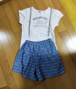 【送料無料】マザウェイズ　130 Tシャツ＆キュロット　2枚セット　ピンク　ネイビー　ハート　女の子 子供服　デニム風　セットアップ