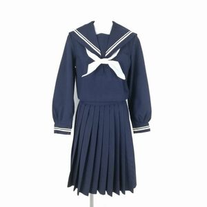 1円 セーラー服 スカート スカーフ 上下3点セット L 冬物 白2本線 女子 学生服 中学 高校 紺 制服 中古 ランクC NA7880