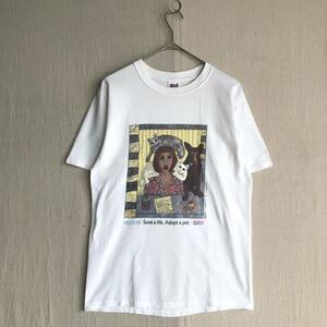 00s USA vintage Tシャツ / ユニセックス S コットン ホワイト プリント イラスト アート 動物 犬 猫 半袖 ビンテージ T3-05043-9277 sale