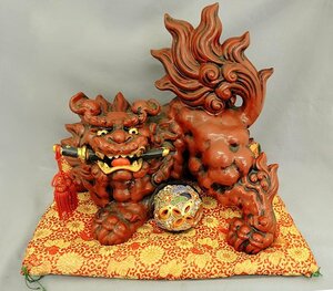 九谷焼 剣獅子 37cm 八幡窯 獅子 玉獅子 赤獅子 日本刀 置物 5.4kg レトロ アンティーク 中古品　KUTANI WARE made in Japan　