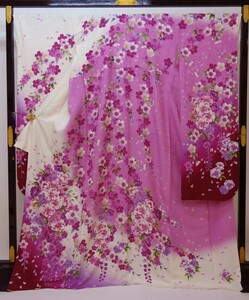 ☆60612-37☆未使用品 振袖 しだれ桜 花尽くし しつけ付き 白×ピンク 裄67㎝ 身丈169㎝