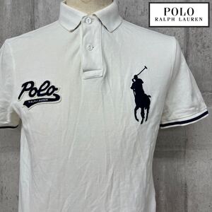 M■ ① POLO RALPH LAUREN ポロラルフローレン カスタムスリムフィット メンズ 半袖 ポロシャツ 白×紺 Mサイズ ビッグポニー カノコ 無地