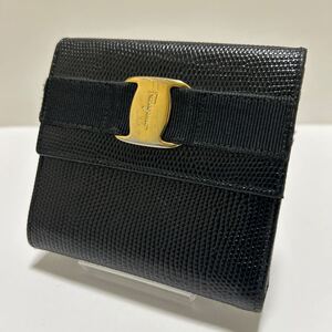 ◆Ferragamo フェラガモ ヴァラリボン　がま口 三つ折り財布◆　リザード　ブラック　223058　MADE IN ITALY【送料無料】0117