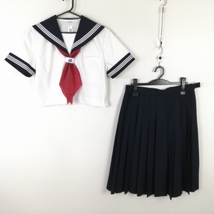 1円 セーラー服 スカート スカーフ 上下3点セット 160B 大きいサイズ 夏物 白3本線 女子 学生服 中学 高校 白 制服 中古 ランクC EY1901