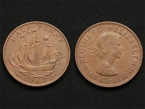 【イギリス】 1967年 流通貨最終発行年　ハーフペニー 1/2 Penny エリザベス2世 帆船 銅貨