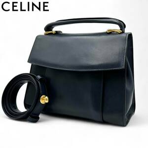 希少■vintage■ CELINE セリーヌ ハンドバッグ 2way ショルダーバッグ ラムレザー 本革 トップハンドル ネイビー ゴールド金具 レディース