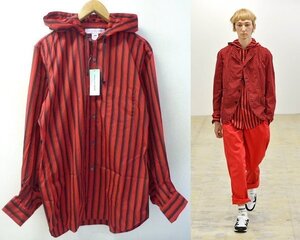 ◆COMME des GARCONS SHIRT 22ss 新品タグ付 FI-B015 コムデギャルソンシャツ ストライプ フーディー フーデッド シャツ 赤黒 製品染め M