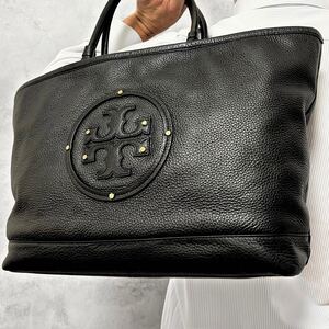 入手困難/美品◎トリーバーチ TORY BURCH メンズ ビジネス トートバッグ デカロゴ A4◎レザー 本革 シボ革 ブラック 黒 肩掛け 大容量 通勤