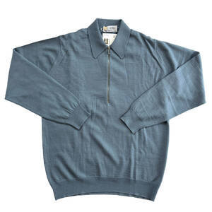 【Vintage】JOHN SMEDLEY ハーフジップポロ XL ブルーグレー ジョンスメドレー メリノウール 24ゲージ 1990年代