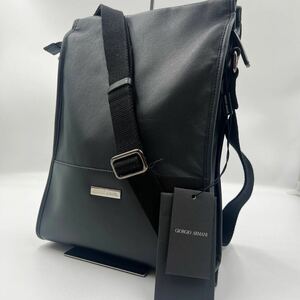 1円【未使用タグ付】GIORGIO ARMANI ジョルジオアルマーニ ショルダーバッグ メッセンジャー ポシェット メンズ ビジネス レザー ブラック