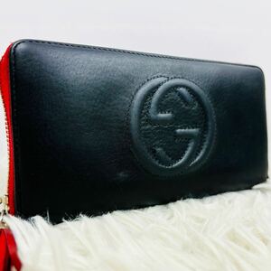 【美品】グッチ GUCCI ソーホー インターロッキング ラウンドファスナー 長財布 レザー ブラック メンズ