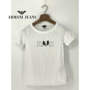 A9138/極美品 春夏 ARMANI JEANS アルマーニジーンズ コットン 半袖 ロゴデカプリント 装飾 Tシャツ カットソー 42 M程 白 レディース