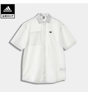 adidas originals Lsizeルーズ 総柄プリント サテンシャツホワイト系 半袖シャツ 