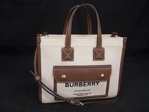 1円 BURBERRY バーバリー キャンバス×レザー 2WAY クロスボディ ハンドバッグ トート ショルダーバッグ アイボリー系×ブラウン系 FJ2762