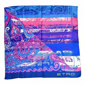 美品 ETRO エトロ スカーフ 青　シルクスカーフ イタリア製　アート ペイズリー柄 ブルー ピンク 綺麗色 おしゃれ カラフル 60309AM