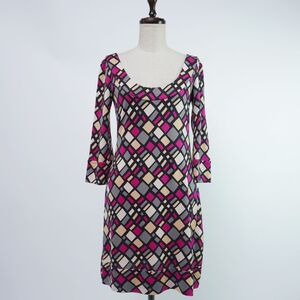 美品 DIANE von FURSTENBERG ダイアンフォンファステンバーグ シルク 総柄 ワイドネック長袖膝丈ワンピース レディース サイズ0*TC184