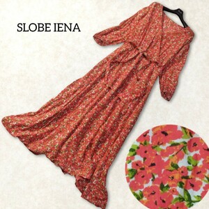 32 【SLOBE IENA】 スローブイエナ 花柄 フラワー カシュクール ロングワンピース 赤 レッド オレンジ ベルト フレア Aライン 春 夏 薄手