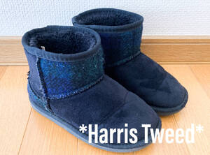 数回使用のみ　ブラック　ハリスツイード　Harris Tweed チェック　黒　ムートンブーツ　子供　キッズ　19㎝　内ボア