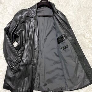 希少XLサイズ相当 ランバンパリス【極上の艶と色気】LANVIN ラムレザーコート チェスター ロングコート 金具 本革 羊革 ブラック シルク 50