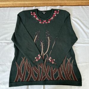 Ｃhamoisシャミー　レトロ オールド 90s 古着 刺繍 ビーズ　セーター レディース 肩パット有 ★サイズ11★当時物★深緑★