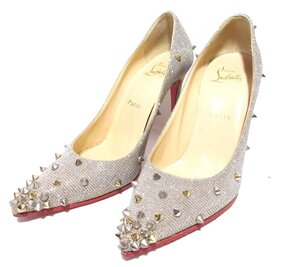 美品 Christian Louboutin クリスチャンルブタン ファブリック ラメ スタッズ ポインテッドトゥ パンプス 37 24.0cm相当 グレー