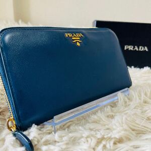 1円《稀少》PRADA プラダ サフィアーノレザー 長財布 ラウンドファスナー ジッピーウォレット 青 ブルー メンズ レディース