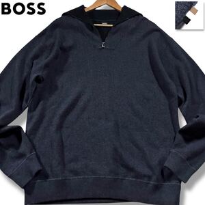 未使用級/XLサイズ●現行タグ ヒューゴボス ニット セーター ハーフジップ HUGO BOSS ストレッチ コットン ウール セーラー ロゴタグ 紺系