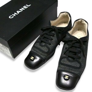 良品 ◆超レア◆ 正規品 CHANEL シャネル ココマーク CC ロゴ デニム × レザー スニーカー シューズ イタリア製