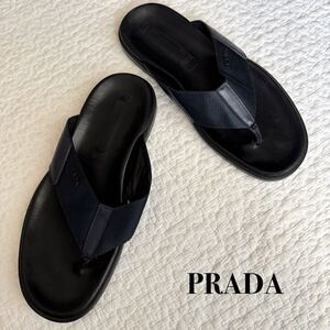 プラダ　PRADA ビーチサンダル　スライドサンダル ロゴ　レザー 26.5cm ネイビー ブラック