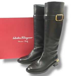 17 美品 Salvatore Ferragamo サルヴァトーレフェラガモ レザー ロングブーツ サイドジップ ブラック ゴールド ベルトデザイン 5.5 正規品