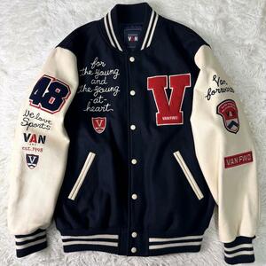 ◆極美品 希少◆LLサイズ VAN JACKET フルデコ スタジャン ネイビー ワッペン アーチロゴ キルティング 袖レザー ヴァンヂャケット XL