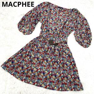 【美品】MACPHEE トゥモローランド シルク100% 花柄ワンピース[38] ベルト付き　バルーンスリーブ　フラワープリント レディース