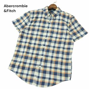 美品★ Abercrombie&Fitch アバクロンビー＆フィッチ 春夏 トナカイ刺繍★ 半袖 ボタンダウン チェック シャツ Sz.S　メンズ　A4T08506_7#A