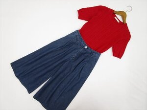 美品 MOUSSY＆GU 五分袖ニットカットソー+デニムワイドパンツ 2点コーディネートセット S相当 レッド/ブルー ガーリー