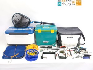 リョービ クーラーボックス、ダイワ タックルバッグ 他 竿受け フィッシュグリップ 干し網 マキエ杓 玉網 など 25点 ジャンク品