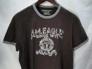 米国ＡＭＥＲＩＣＡＮ　ＥＡＧＬＥ　半袖Ｔシャツ　刺半繍ロゴリンガー　Ｍサイズ　茶★ＯＵＴＬＥＴ未使用格安！