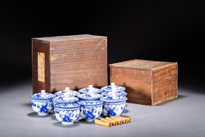 【清】某有名オークション買入 時代物 伊万里 古鍋島 染付 唐子文蓋茶碗 共箱 茶煎道具 骨董品 古美術