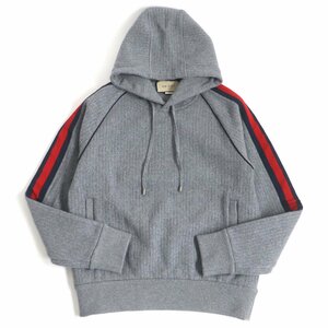 極美品 GUCCI グッチ 22SS 673623 ウール×カシミヤ ウェブストライプ フーディー ニットパーカー グレー XS イタリア製 正規品 メンズ