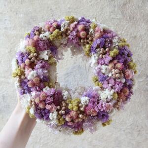 *kashun* (25cm)ハンドメイド ふわふわむくむくのお花畑リース/ドライフラワー/誕生日プレゼント/開店祝い/ギフト/ピンクパープル