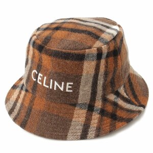 【セリーヌ】Celine　ロゴ チェック ウール バケットハット 帽子 ブラウン S 【中古】【正規品保証】174285