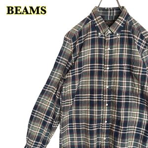 BEAMS ビームス　長袖シャツ　ボタンダウン　チェック柄 グリーン系　コットン　レディース　Ｍサイズ　【AY1686】