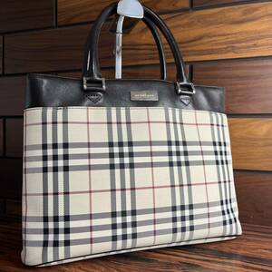 美品 BURBERRY バーバリー ノバチェック トートバッグ ハンド PVC レザー ベージュ ブラウン ビジネス A4可 自立 メンズ レディース ロゴ