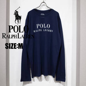 【未使用】M / POLO RALPH LAUREN ポロラルフローレン 長袖 Tシャツ ロングスリーブ ロゴ プリント 紺 ネイビー コットン ロンT コストコ