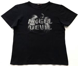 大きいサイズ XL エンジェルデビル ストレッチ Tシャツ ラインストーン　　ANGELDEVIL フレンチスリーブ レディース ビッグロゴ 玉7335