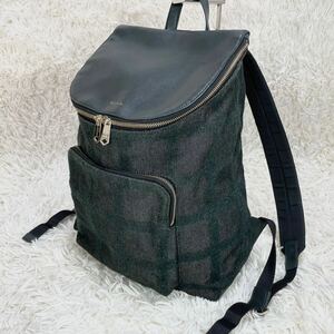 美品 Paul Smith ポールスミス リュック バックパック デイパック グリーン ニードルチェック柄 レザー コンビ ビジネスバッグ A4可