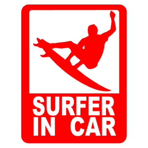 送料無料 オリジナル ステッカー SURFER in CAR レッド サーファー イン カー アウトドア派に パロディステッカー